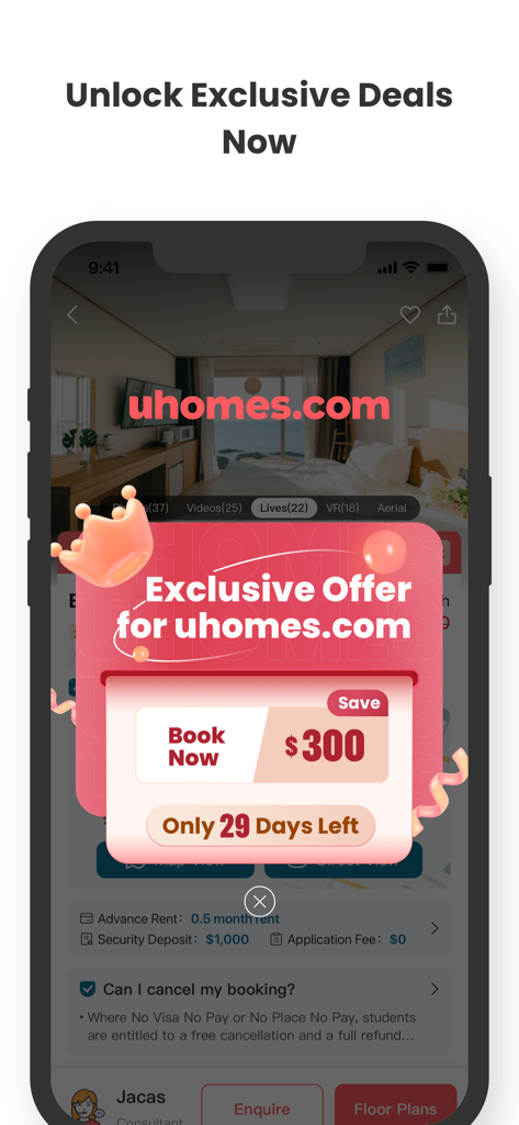 Une capture d'écran d'une application mobile montrant une réduction exclusive de 300 dollars pour la réservation d'un logement étudiant sur uhomes.com.