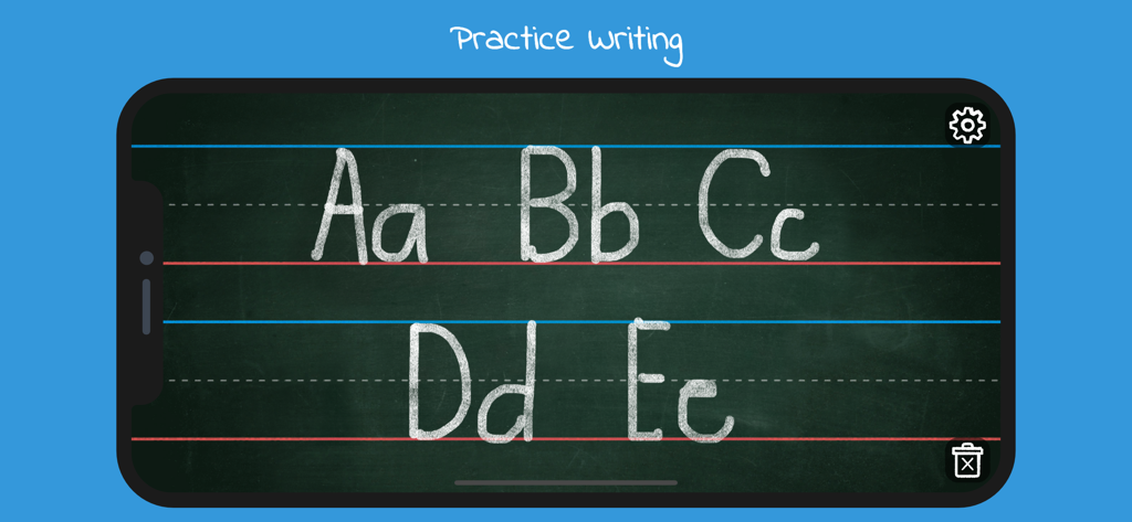 Alphabet writing practice on a digital chalkboard in the BabySmart app