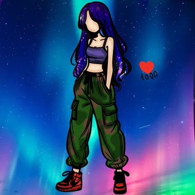 girl in baggy pants crop top and long hair