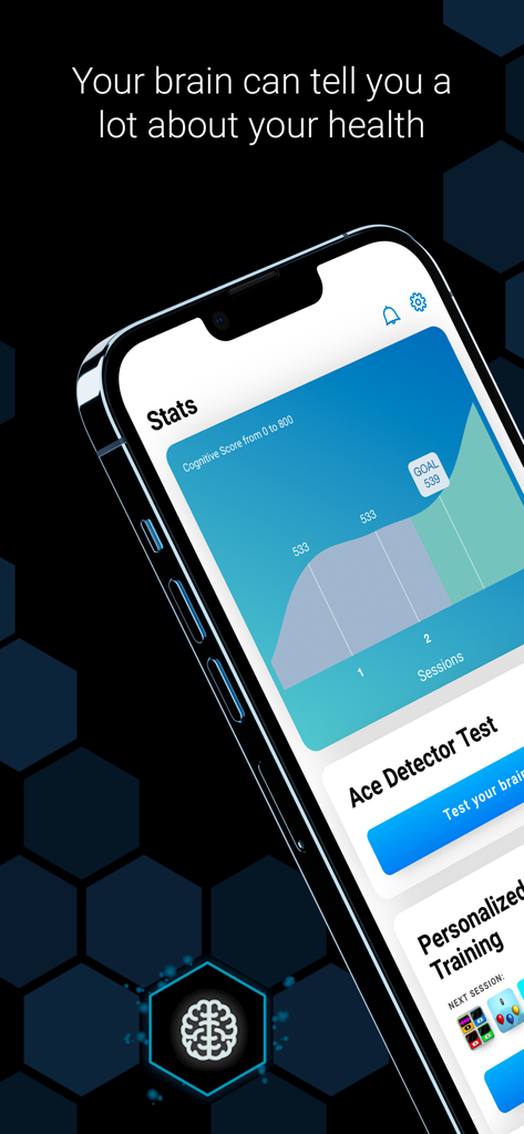 CogniFit - Brain Training - Aplicativo CogniFit no iPhone mostrando gráfico de estatísticas de pontuação cognitiva e recursos de acompanhamento de saúde cerebral