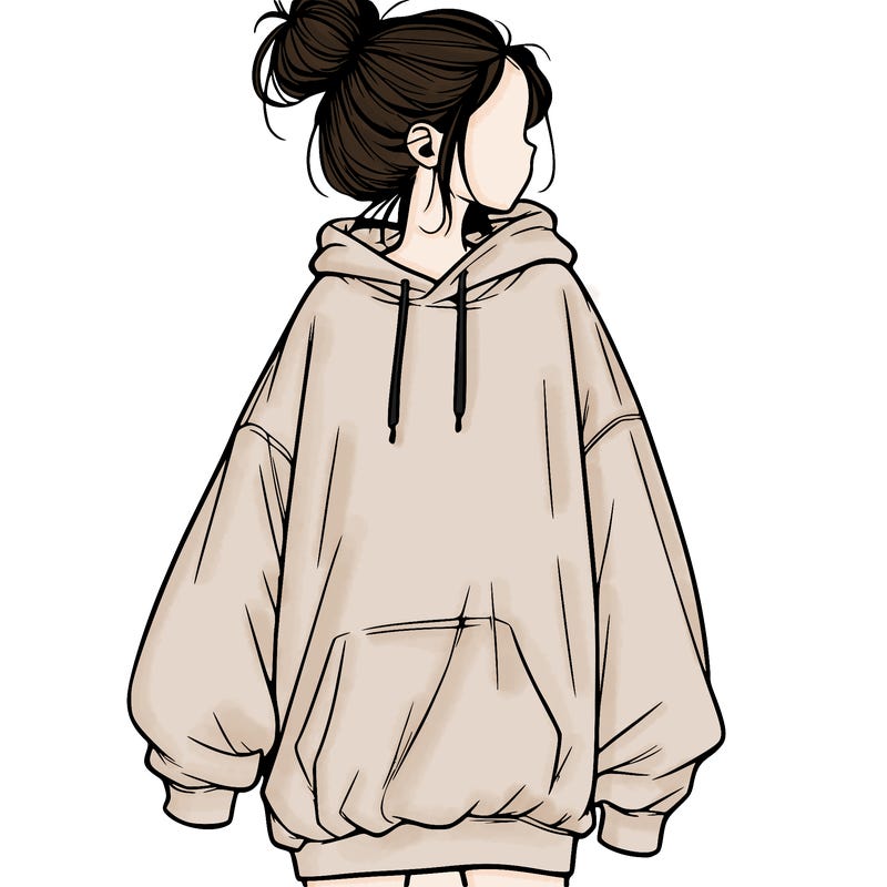 realistic girl with a oversized sweatshirt on and a bun