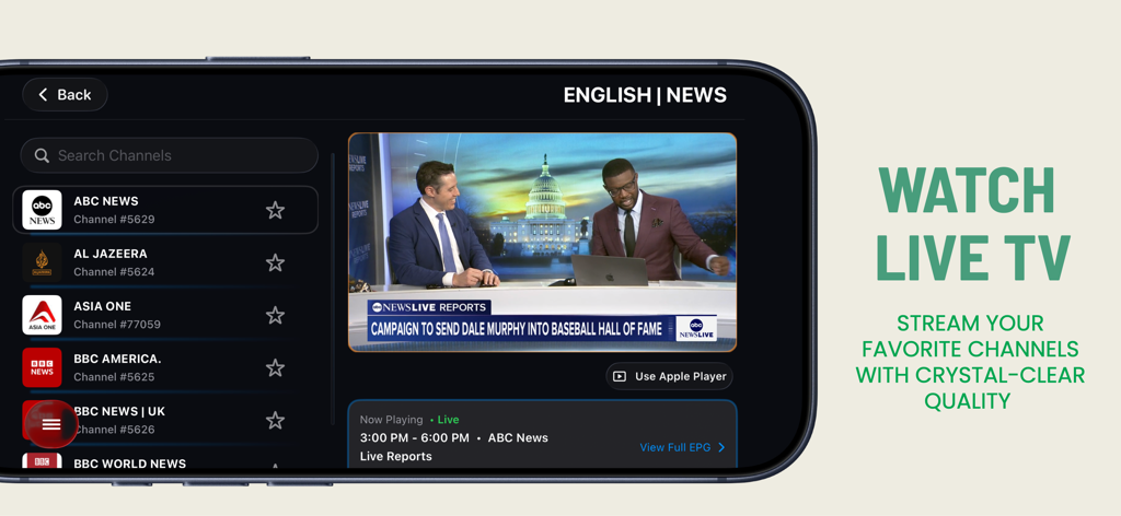 STRIMIX - STRIMIX IPTV player interface showing a live news broadcast and channel list on a smartphone
