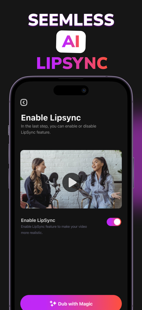 Dubbing AI Video Translator - Bildschirm eines Smartphones, der die KI-Lippensynchronisations-Aktivierungsfunktion in Dubz AI zeigt
