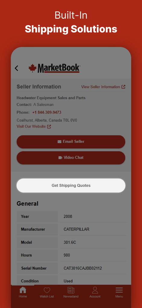 MarketBook - Pantalla de la aplicación MarketBook que muestra información del vendedor y un botón para obtener cotizaciones de envío de maquinaria pesada