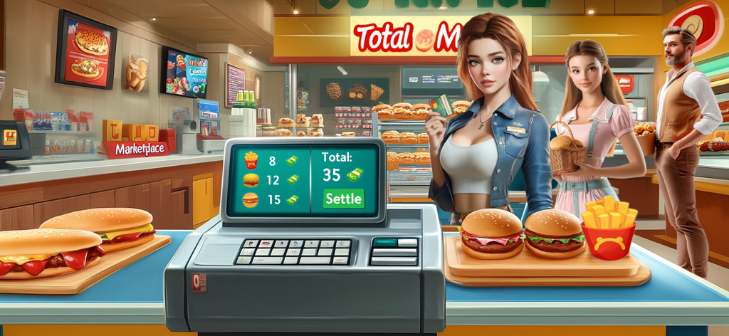 Cooking Fun®: Food Games - Schermata di una cassa digitale con ordini di cibo e clienti in un gioco di simulazione di ristorante