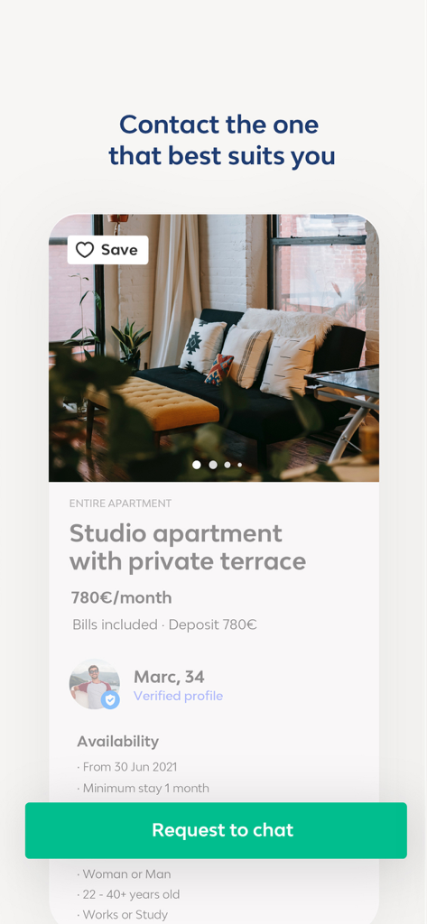 A studio apartment rental listing in the Badi app with a request to chat button and host profile information.