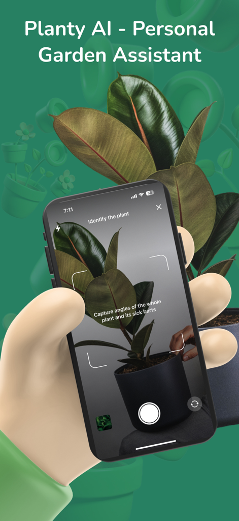 Planty | Plant Finder,Plant ID - A person using the Planty AI app on a smartphone to identify a rubber plant using the camera