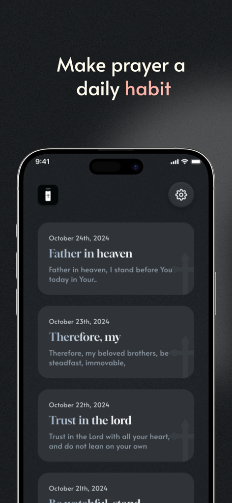 A smartphone showing the Pray Screen Time app interface with daily prayer cards and a headline about making prayer a daily habit
