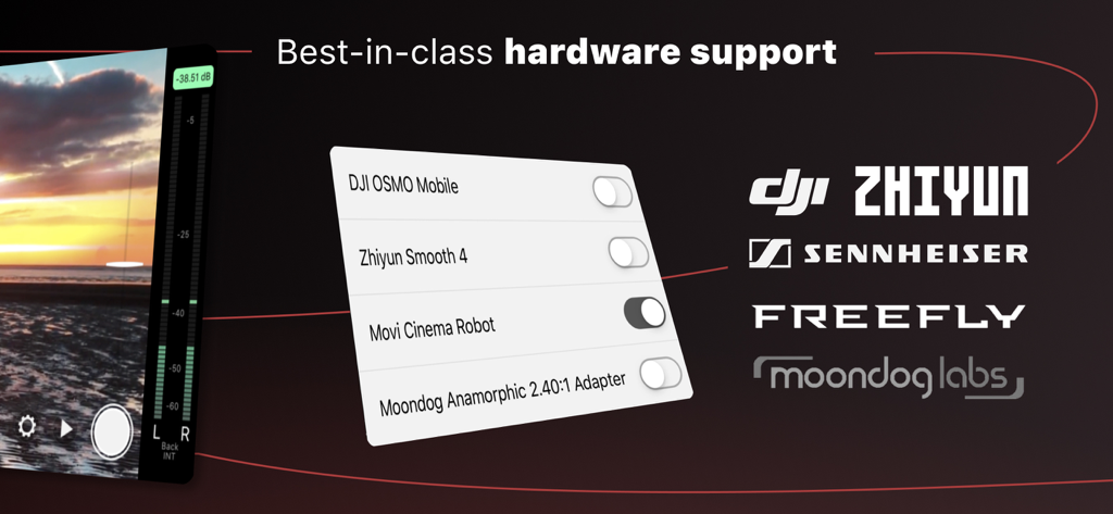 Interface of Filmic Legacy showing compatibility with professional hardware like DJI gimbals and Sennheiser microphones