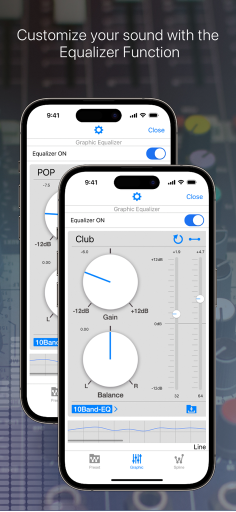 music player-NePLAYER Lite - Screenshot of the NePLAYER Lite app showing the graphic equalizer settings with gain and balance controls on an iPhone