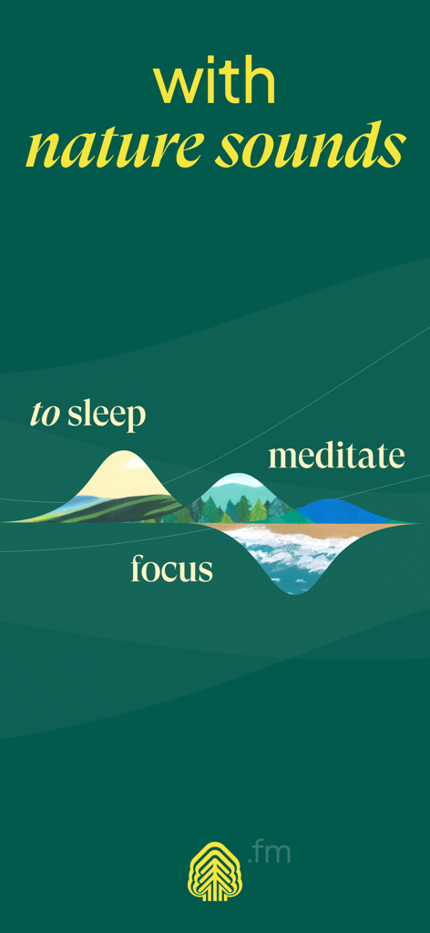 Nature Sounds : Earth FM - Banner promocional para la aplicación Nature Sounds Earth FM que destaca su uso para dormir, meditar y concentrarse con una ilustración abstracta de un paisaje natural.
