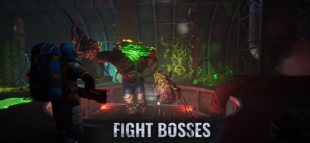 Days After: Zombie Survival - A player character with a backpack facing a massive mutant boss with glowing green biological parts in an industrial setting