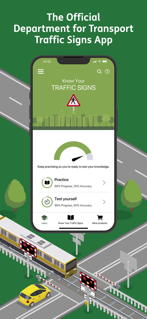 DfT Know Your Traffic Signs - Home screen of the official DfT traffic signs app showing progress gauge and practice test options