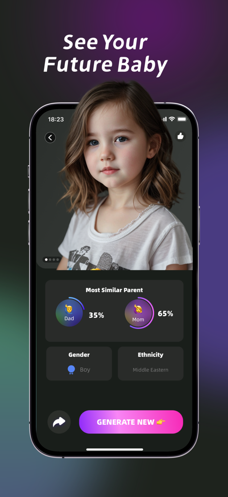 Smartphone screen showing an AI generated child face with parent resemblance percentages and gender settings