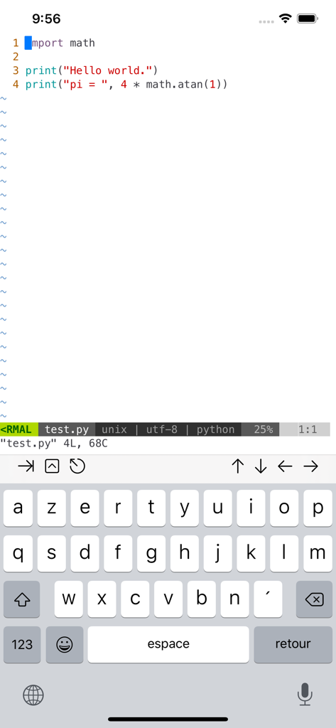 Editando un script de Python usando el editor Vim en el emulador de terminal a-Shell en un iPhone