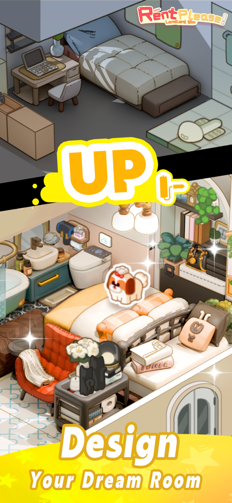 Una comparación que muestra una habitación básica mejorada a una habitación acogedora y muy decorada en Rent Please Landlord Sim.