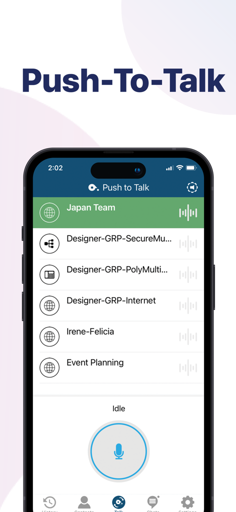 Deltapath Mobile - Deltapath Mobile app screen showing Push-To-Talk feature with list of teams and a large microphone button