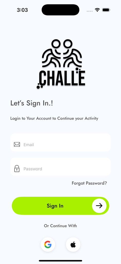 Challe Activity - Login screen for Challe Activity app featuring sign in fields and social authentication buttons