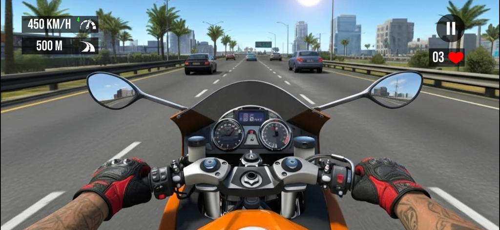 GT Bike Racing Moto Bike Games - First person perspective of a motorcycle racing on a city highway at high speed