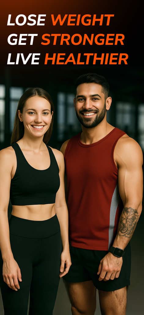 ChAthlete・AI Fitness Coach App - Una coppia in forma che sorride in palestra con testo su perdita di peso e aumento della forza