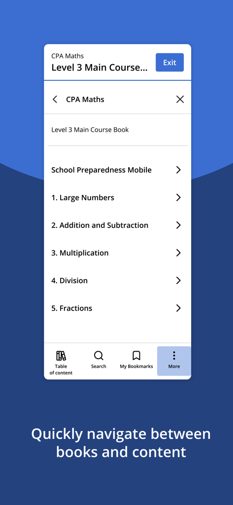 Table of contents for a math course showing units on addition subtraction and fractions in the Macmillan Education Everywhere app