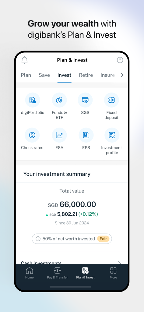POSB digibank - POSB digibank app interface showing the Plan and Invest screen with investment summary and various portfolio options