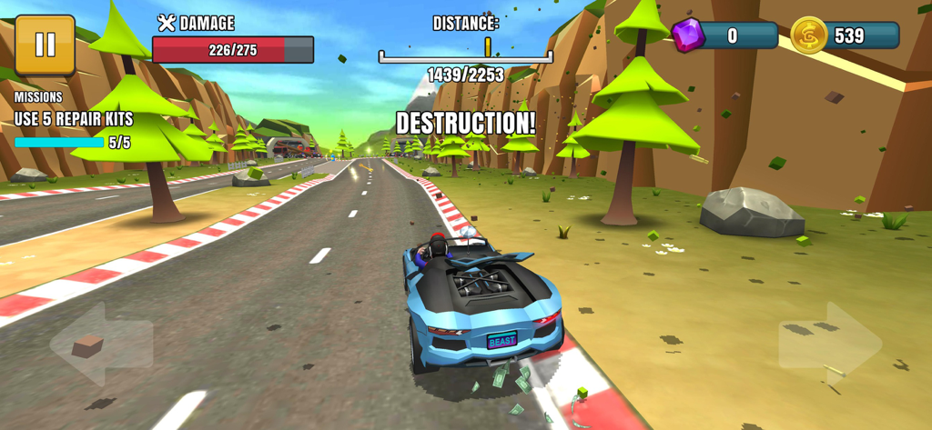 Faily Brakes 2 - Blue sports car driving on a racetrack with destruction text and game interface in Faily Brakes 2