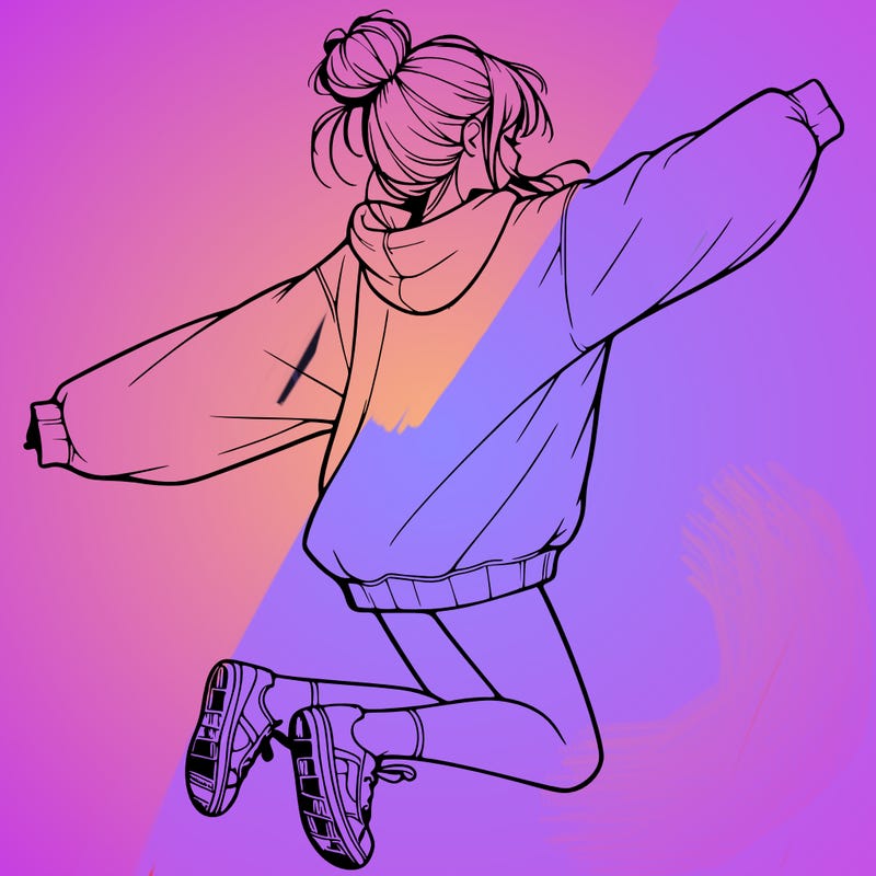 realistic girl jumping with a bun and oversized sweatshirt