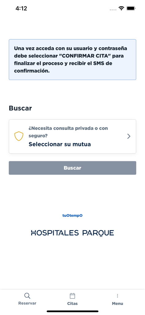 Pantalla de búsqueda de la aplicación Hospitales Parque para seleccionar el seguro médico y reservar citas