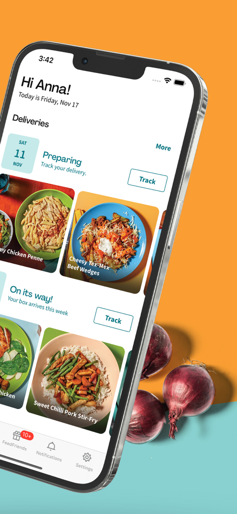 EveryPlate: Cooking Simplified - EveryPlate 앱 인터페이스에 배송 추적 및 예정된 밀 레시피가 표시됨