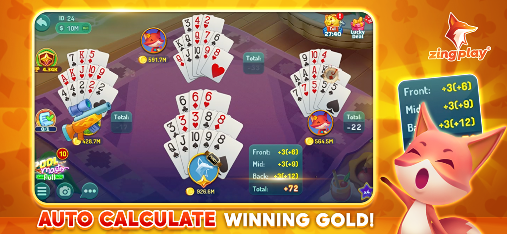 Pusoy ZingPlay - Chinese Poker - Captura de pantalla del juego de Pusoy ZingPlay Chinese Poker mostrando manos de 13 cartas y la función de cálculo automático de oro ganador