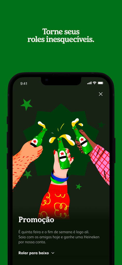 Hei - The Hei app promotion screen showing a free Heineken offer with an illustration of people clinking beer bottles