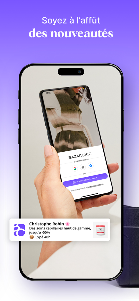 Teléfono inteligente mostrando la aplicación BazarChic con una notificación de venta de marca de moda