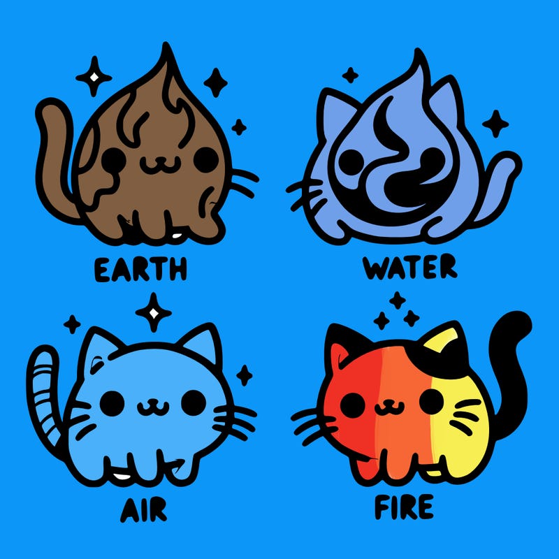 4 cats that represent the different elements, earth, water, air, and fire