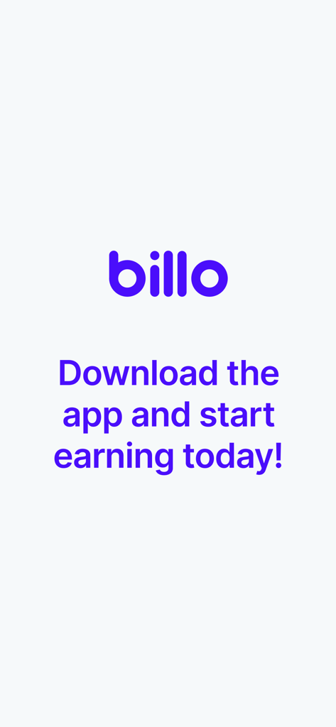 Pantalla de la app Billo Creator con mensaje de descarga e inicio de ganancias