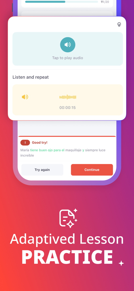 italki - Language Learning - italki app interface showing an adaptive language practice session with a listen and repeat exercise