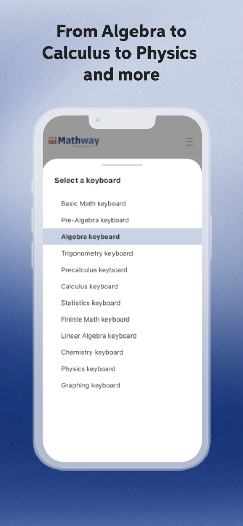 Mathwayアプリに、代数、微積分、物理学などの科目のための特殊な数学キーボードのリストが表示されている様子