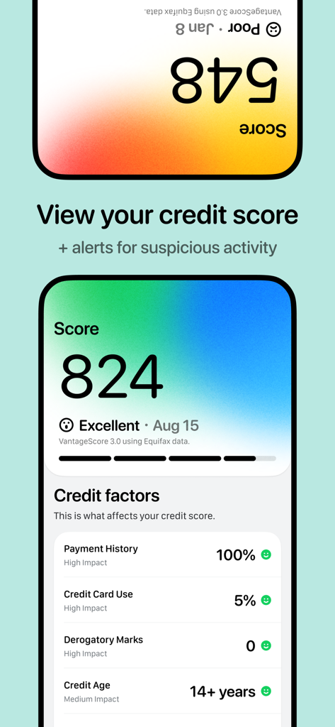 Interface of the True Finance app displaying credit score monitoring and key credit factors
