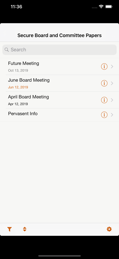 Board Papers app interface displaying a list of secure board and committee meetings