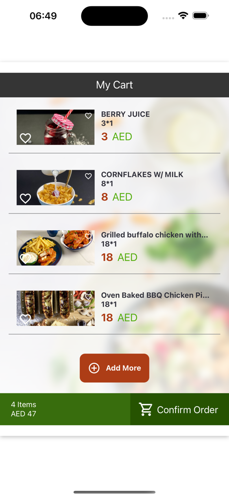 Hot Oven Cafe - Der Bildschirm 'Mein Warenkorb' der Hot Oven Cafe App listet mehrere Schulmahlzeiten und den Gesamtpreis in AED auf