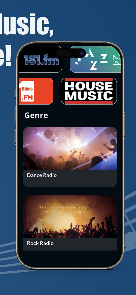 Music & Radio - Panor - Panor app interface showing music genre categories including dance and rock radio stations