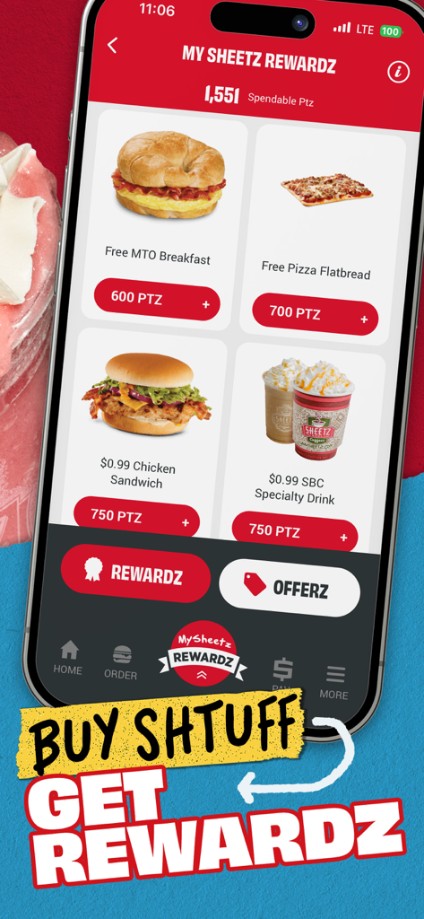 Interface of the Sheetz mobile app showing reward points and redeemable food items like breakfast sandwiches and pizza.
