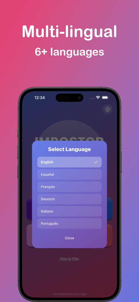 Écran de sélection de langue dans le jeu Qui est l'imposteur montrant le support pour plus de six langues, y compris l'anglais, l'espagnol et le français