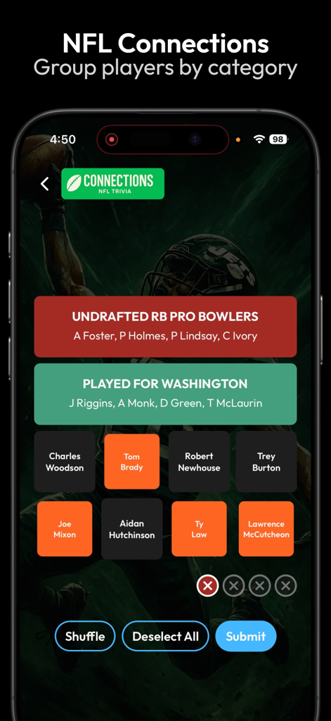 NFL Connections gameplay screen in the Gridiron Trivia app showing players grouped by specific career categories like Undrafted RB Pro Bowlers.