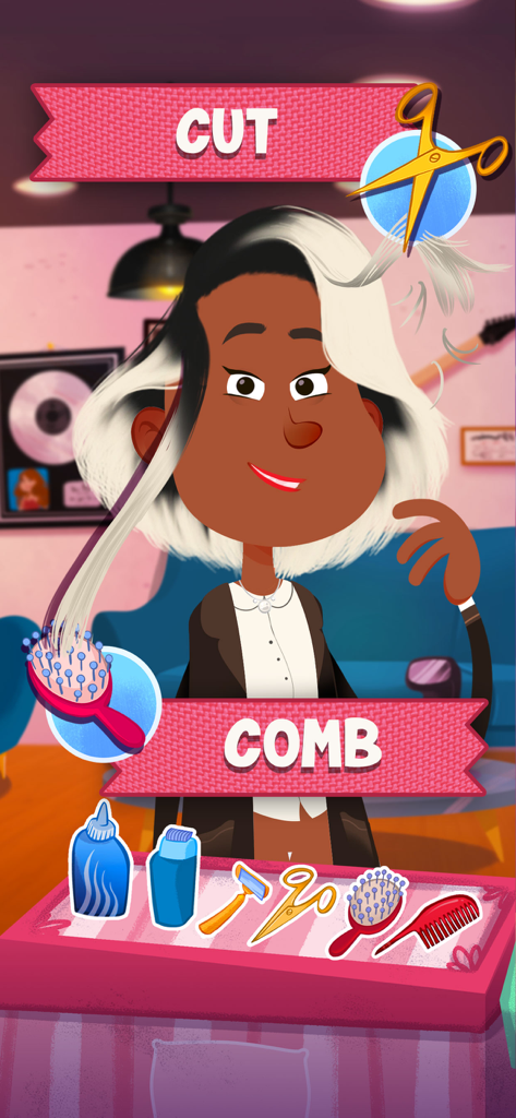 Una chica en un juego de salón de peluquería con iconos interactivos para cortar y peinar el cabello.