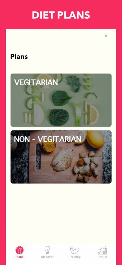 Easy Home Workout Women NO GYM - Mobile app screen displaying vegetarian and non-vegetarian diet plan options for home fitness