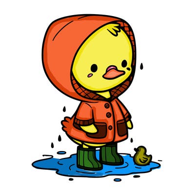 baby duck in a rain coat and boots, in a puddle while it’s raining