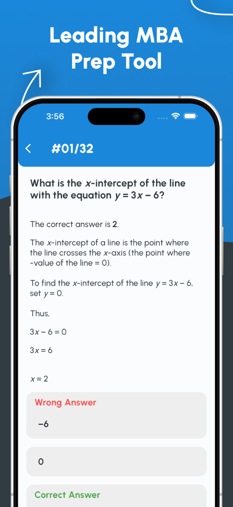 Oberfläche einer mobilen App, die eine quantitative Argumentationsfrage für den GMAT mit einer schrittweisen Lösung zeigt
