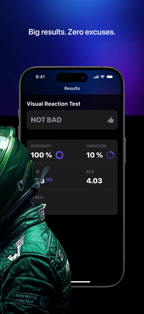Soma NPT app interface displaying visual reaction test results and cognitive performance data for a professional athlete
