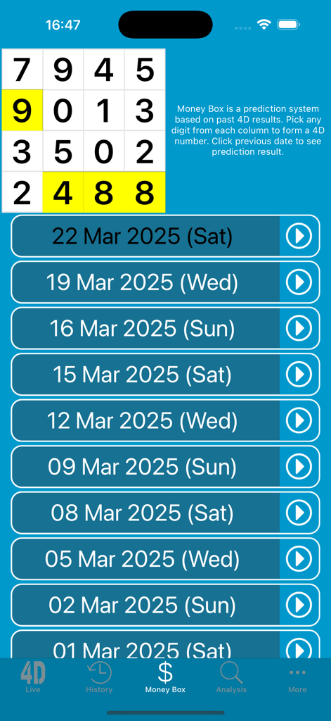 SG Live 4D - Pantalla de predicción de Caja de dinero de la aplicación SG Live 4D que muestra una cuadrícula de números y fechas de lotería históricas